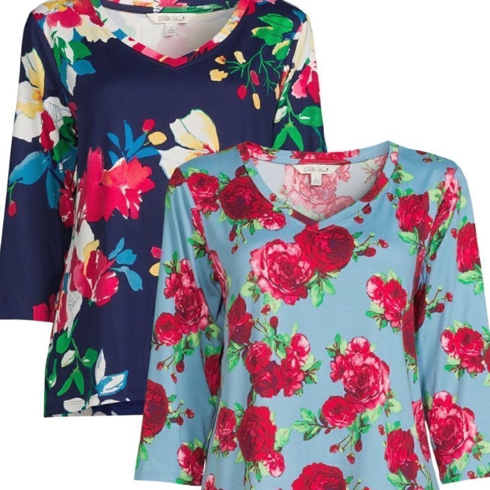 Pioneer Woman Set of 2 Navy Floral & Desert Rose Long Sleeve V Neck T Shirt Sz S